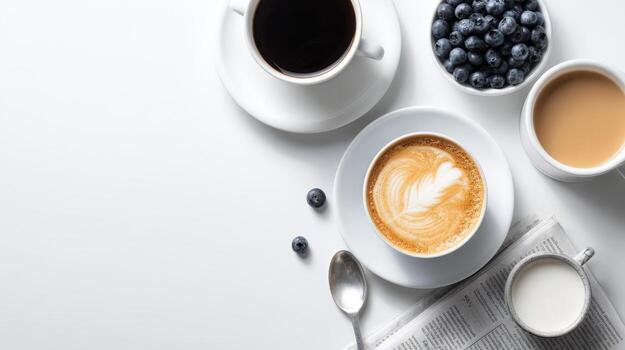 Overhead View of Coffee, Latte, Milk, and Blueberries on a White Background, Flat Lay photo