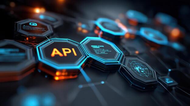 API hexagon technology concept with futuristic digital interface for application programming integration and development photo