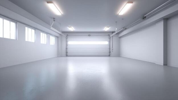 espacioso vacío garaje interior con blanco paredes, hormigón piso y un parcialmente abierto gastos generales puerta foto