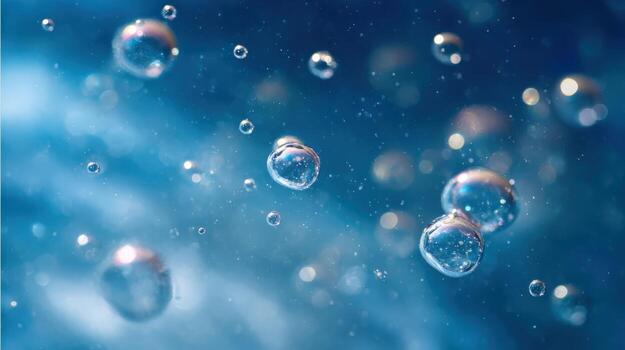 Abstract Underwater Bubbles Floating in Blue Liquid, Macro Shot for Science or Cosmetic Background photo