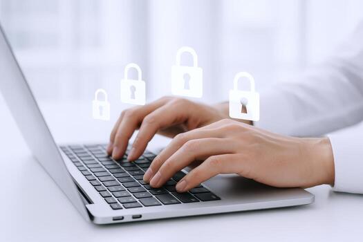 Cybersecurity Protection Hands Typing on Laptop with Digital Lock Overlay for Data Encryption and Online Safety photo
