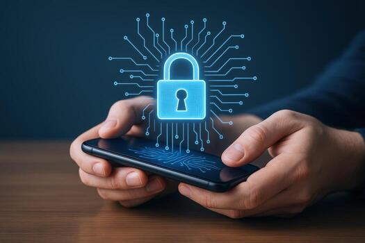 Mobile Security Concept Hands Holding Smartphone with Digital Lock Overlay Representing Data Protection and Cybersecurity photo
