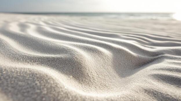 Serene White Sand Beach with Ocean Horizon, Featuring Wave-Like Sand Patterns and Calm Coastal Scenery photo