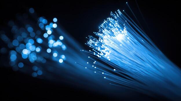 Fiber Optic Cables Transmitting Data, High Speed Internet Connection Technology in Blue Tones on Black Background photo