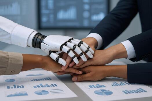 Teamwork Harmony Human and Robot Hands Joining Forces Over Business Data and Charts in Office photo