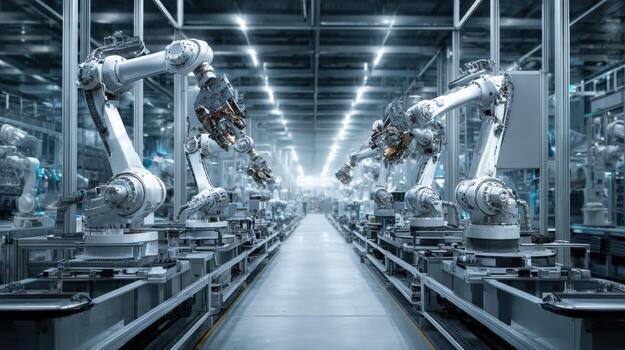 Automated Robotic Arms Working on Assembly Line in Manufacturing Plant, Illustrating Industry 40 and Automation photo
