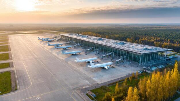 Aerial View of Modern Airport Terminal with Airplanes at Gates During Golden Hour photo