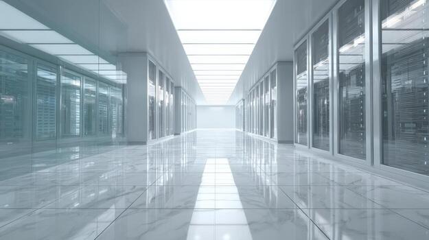 Modern Server Room Corridor with Rows of Data Racks and Reflective Flooring for IT Infrastructure photo