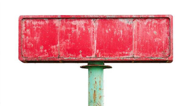 Weathered Red Sign on Green Post Isolated Against White Backdrop - Ideal for Custom Messages or Urban Designs photo