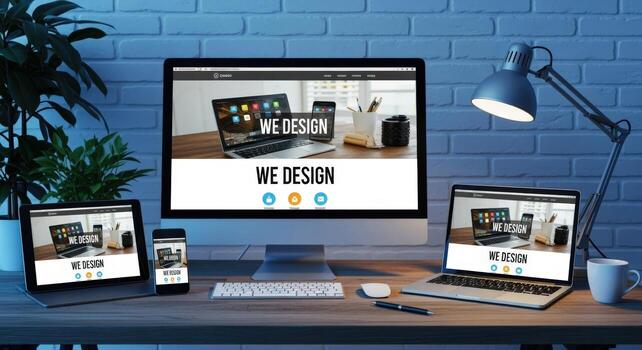 Responsive Website Design on Multiple Devices Desktop, Laptop, Tablet, and Smartphone Displaying Modern Interface photo