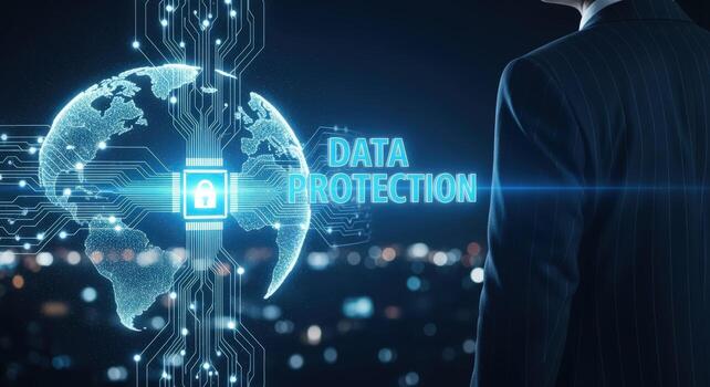 Data Protection Concept with World Map and Businessman Silhouette on Cityscape Background, Illustrating Cybersecurity photo