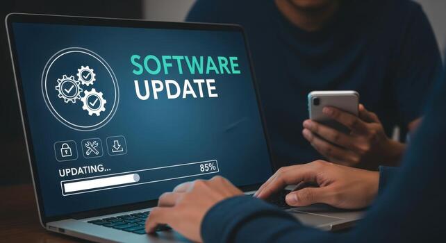 Software Update in Progress on Laptop Screen with User Interaction for Technology Concept photo