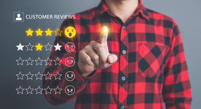 Online Customer Experience Feedback Concept Man Interacting with Digital Review Interface on Gray Background photo