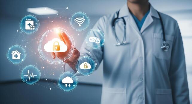 Doctor Interfaces with Cloud-Based Healthcare Data, Representing Modern Medical Technology and Secure Information Access photo