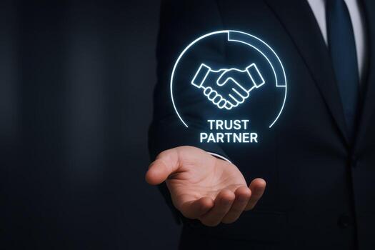 Trust Partnership Concept Businessman Displays Hologram of Handshake, Symbolizing Reliability and Strong Business Alliances photo