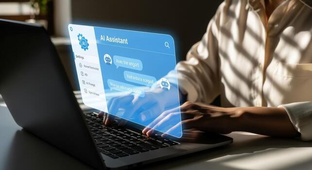 AI Assistant Interface on Laptop Screen Displayed While Woman Types, Illustrating Modern Communication photo