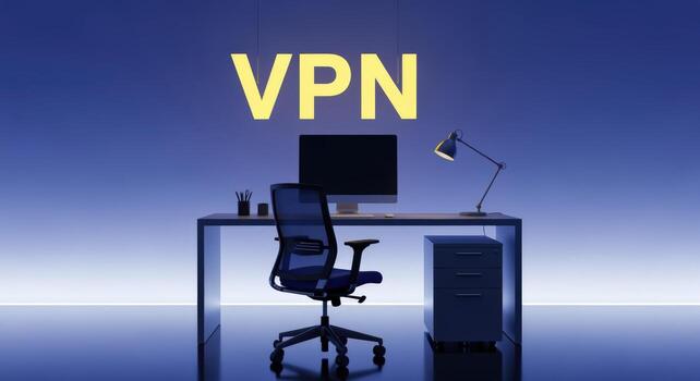 Secure Remote Workstation Modern Desk with Computer Display Illustrating Encrypted Network Technology photo