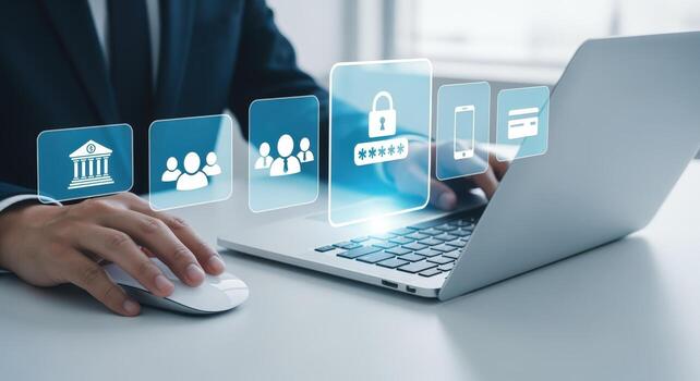 Data Security Management Businessman Using Laptop for Cybersecurity and Digital Protection Solutions photo