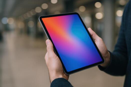 Man holding a tablet computer with a vibrant display, showcasing digital technology and connectivity photo