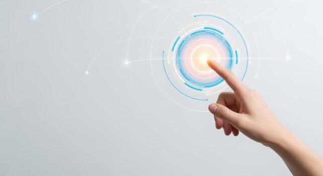 Finger Touching Digital Interface Display with Futuristic Technology and Innovation, Connectivity and Modern Background photo