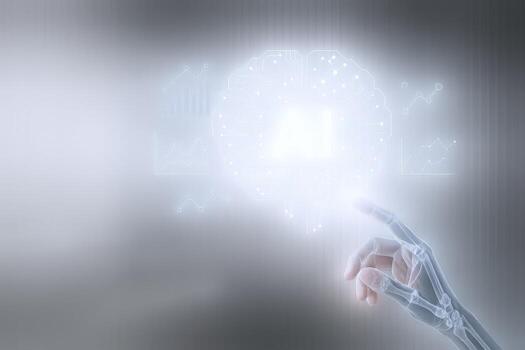 artificial inteligencia y negocio cartas con mano conmovedor pantalla terminado negro fondo para tecnología conceptos foto