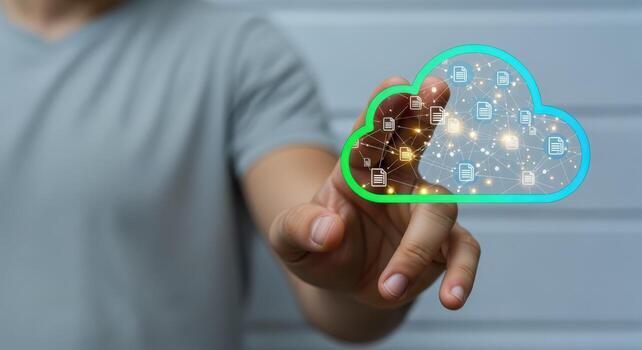 Cloud Computing Technology Concept Man Interacting with Digital Cloud Interface Displaying Data and Network Connections photo