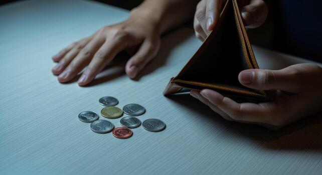 Financial Hardship Empty Wallet and Sparse Coins Symbolizing Poverty and Economic Crisis, Man Checking Financial Resources photo