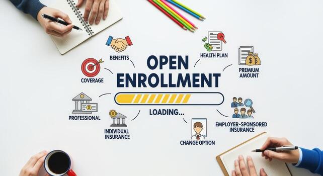 Open Enrollment Concept with Loading Bar, Benefits, Coverage, and Various Insurance Options on White Desk photo