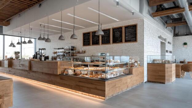 Bright Modern Bakery Interior with Wooden Counter, Display Case, and Menu Boards for Commercial Use photo