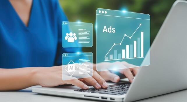 Woman Managing Digital Marketing Campaigns on Laptop with Data Visualization Interface for Increased Engagement photo