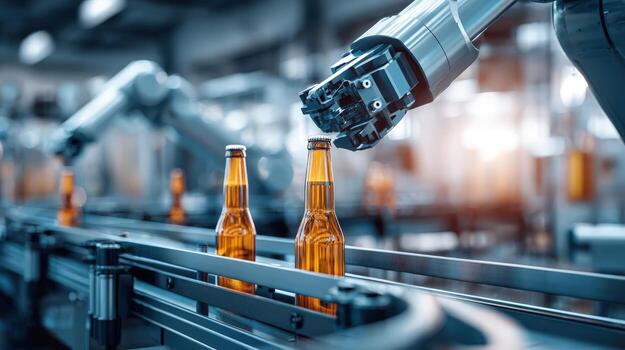 Automated Bottling Production Robotic Arm Placing Beer Bottles on Assembly Line in Modern Brewery photo