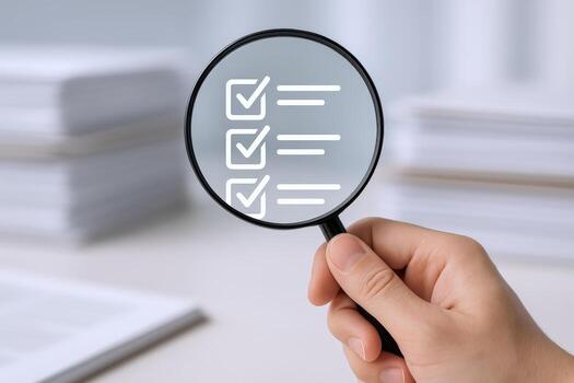 Checklist Inspection with Magnifying Glass Quality Control and Task Verification Concept for Business Audit photo
