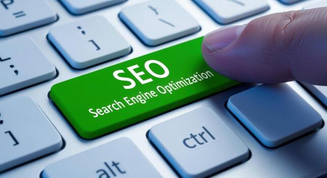 Keyboard Button with SEO Text Pressed by a Finger for Business Promotion and Optimization photo