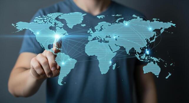 Global Network Technology Man Interacting with Digital World Map Interface for International Communication and Business Expansion photo