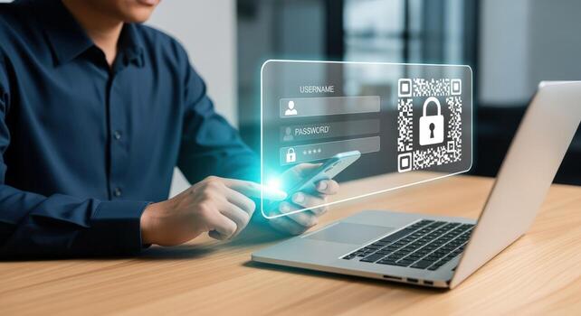 Secure Online Access Man Using Smartphone for Two-Factor Authentication with Laptop photo