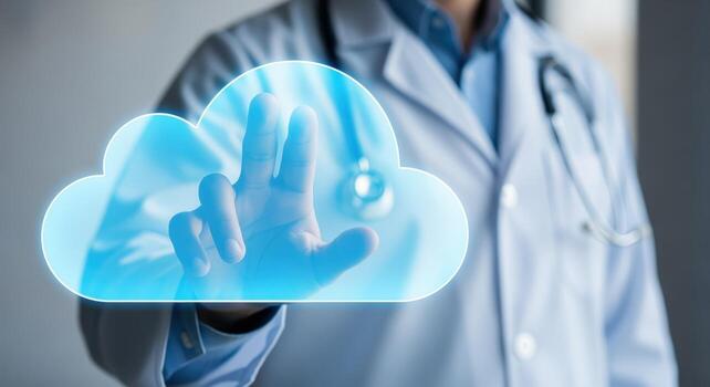 médico conmovedor nube tecnología interfaz cuidado de la salud innovación, datos gestión, y digital transformación en medicina foto