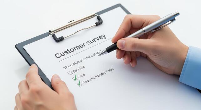 Customer Survey Feedback Form on Clipboard with Pen and Person Filling out Checklist on White Background photo