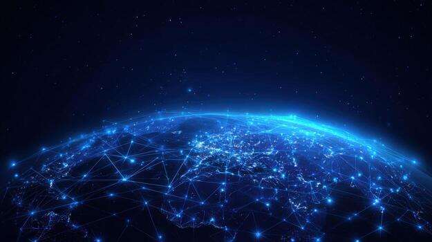 Global Network Connections Blue Planet with Interconnected Nodes for Technology and Communication Concepts photo