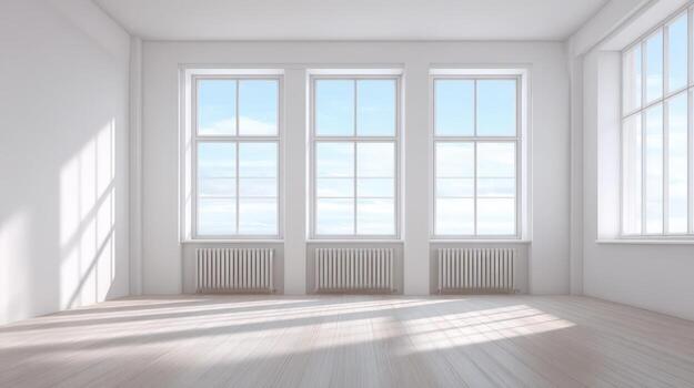 Bright and Spacious Empty Room with Sunlight Streaming Through Large Windows, Ideal for Interior Design Mockups photo