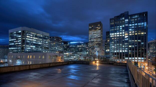 Cityscape at Twilight Modern Architecture and Urban Skyline View from a Rooftop Perspective photo