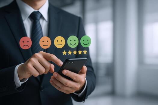 Customer Feedback Businessman Evaluating Service Quality with Mobile Device and Star Ratings for Satisfaction photo