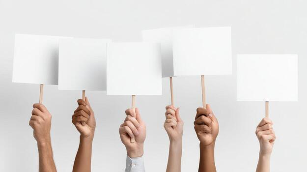 Diverse Group of People Holding Blank Protest Signs Demonstrating for Social Justice and Equality on White Background photo