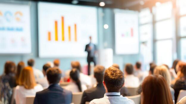corporativo conferencia presentación con audiencia altavoz entregando negocio perspectivas y financiero datos a asistentes foto
