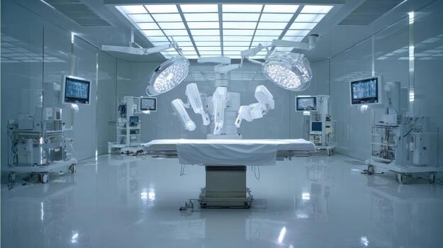 Futuristic Operating Room with Advanced Robotic Surgery System, Illuminated by Surgical Lights, in a Sterile Environment photo