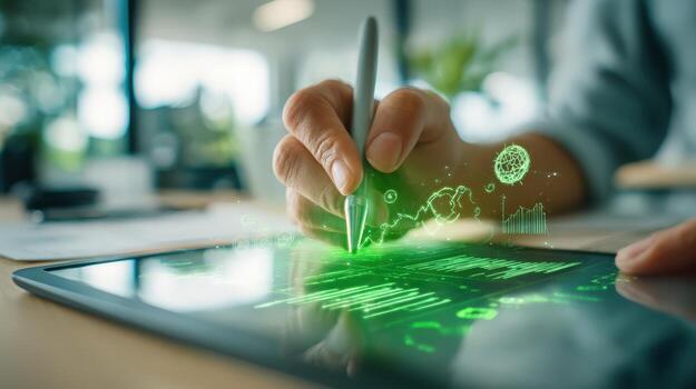 digital transformación un persona analizando verde datos y gráficos en un tableta con un aguja bolígrafo foto