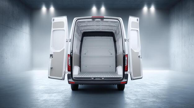 Empty Cargo Van with Open Doors in a Clean, Well-Lit Studio Environment photo