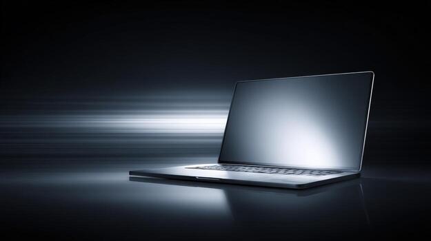 Sleek Laptop Computer on Dark Reflective Surface, Modern Technology and Business Presentation photo