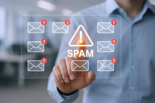 Man Tapping on Holographic Screen Displaying Spam Email Alert, Representing Cybersecurity and Data Protection photo