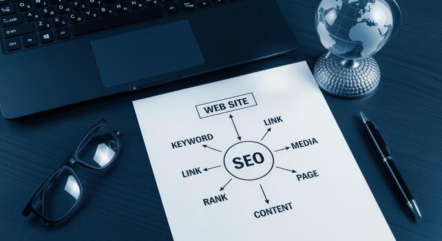 SEO Strategy Diagram on Desk with Laptop, Globe, and Pen Showing Website Optimization photo