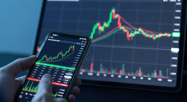 Analyzing Stock Market Data Person Using Mobile Device with Trading Chart on Laptop Screen photo